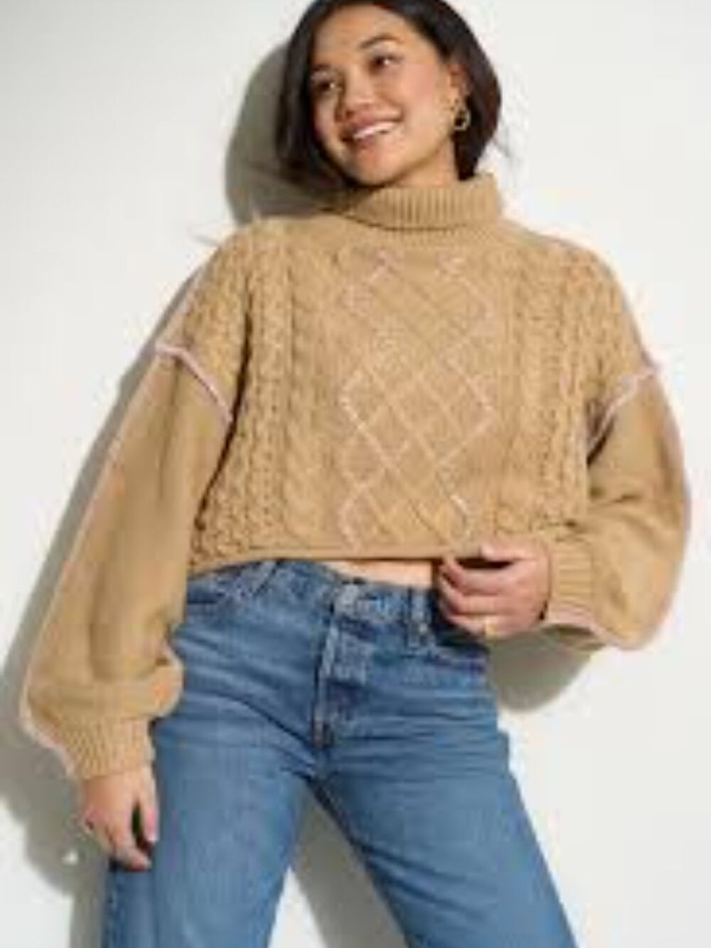 CALLAHAN Cameron Sweater Womens Medium Beige Cable Knit Mock Neck Cropped